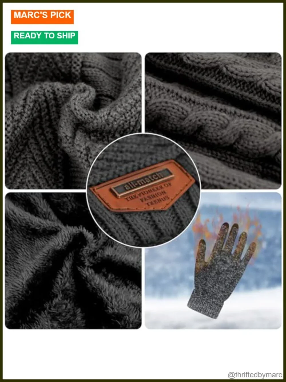 Winter Beanie Hat Scarf Touchscreen Gloves Set 3 Pcs Fleece Lined